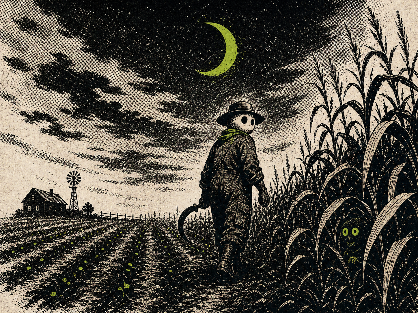 A masked farmer walks through a strange cornfield under a green crescent moon